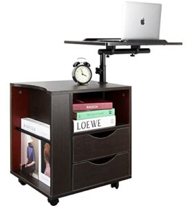 DANSION Bedside Table Workstation, Adjustable Swivel Tilt Wooden Nightstand Laptop Desk with Drawers and Magazine Holder, Laptop Cart with Wheels, Brown