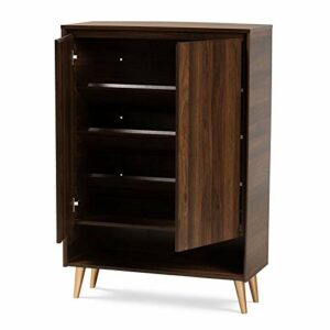 Baxton Studio Landen Mid-Century Modern Walnut Brown and Gold Finished Wood 2-Door Entryway Shoe Storage Cabinet