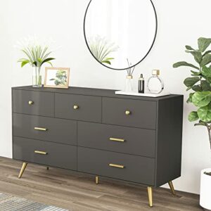 7 Drawer Dresser for Bedroom, Modern Black Wood Dresser with Wide Drawers and Metal Handles, Long Chest of Drawers for Living Room Hallway Entryway