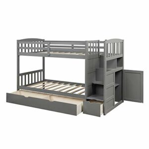 SOFTSEA Wood Twin Over Full Bunk Beds with Storage Drawers and Staircase for Kids, Adult's Twin Over Twin Bunk Bed with Stairs, Storage Cabinet and Convertible Bottom Bed(Gray)