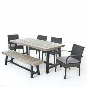 Christopher Knight Home Louise Outdoor Wicker Dining Set with Acacia Wood Table and Bench and Water Resistant Cushions, 6-Pcs Set, Sandblast Light Grey / Black Rustic Metal / Grey / Grey Cushions