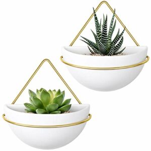 Mkono Ceramic Hanging Planter Geometric Wall Decor, Set of 2 Modern Wall Planter with Metal Plant Hanger Wall Mounted Plant Pot for Succulent Air Plant Herb Faux Plant Indoor Home Garden Decor, Gold