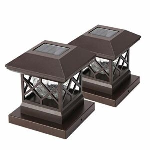 Twinsluxes Fence Post Cap Light, LED Solar Lights for Deck Posts, Solar Post Caps Light Outdoor for 3.5x3.5/4x4/5x5 Posts, Wood or Vinyl Fence Deck Post, Warm Light 2 Pack, Brown