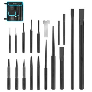 DURATECH 18 Piece Punch/Chisel/Alignment Tool Set, Including Pin Punch, Center Punch, Nail punch, Alignment Tool, Cold Chisel, Chisel Gauge, for Removing Repair Tool, with Rolling Pouch