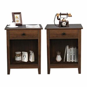 GBU Bedroom Nightstands - Set of 2 Wooden Night Stands with Drawer for Home Bedside End Table Large Storage Furniture, Brown Wood Grain