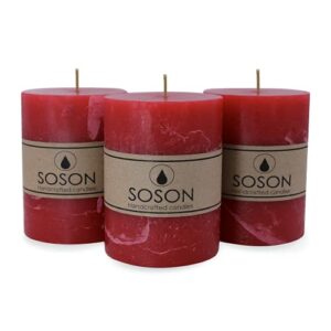 Simply Soson Rustic 3x4 Red Pillar Candles Set of 3 - Unscented Candles - Large Candle for Candle Holders - Velas Decorativas - Red Candles Pillar - Colored Candles - Fall Pillar Candles Bulk