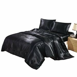 King Duvet Cover Black Silk Like Satin Fall Bedding, Soft Comfortable Breathable Lightweight Fade Stain Resistant Solid Dark Hotel Quilt / Comforter Case Set