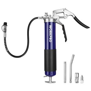 WORKPRO Grease Gun Kit, 6000PSI Heavy Duty Grease Gun with 18inch Flexible Hose, 2 Fixed Tubes and 3 Nozzles, 14oz Load