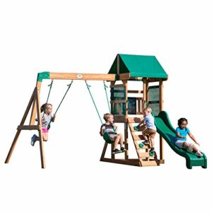 Backyard Discovery Buckley Hill Wooden Swing Set, Made for Small Yards and Younger Children, Two Belt Swings, Covered Mesh Fort with Canopy, Rock Climber Wall, 6 ft Slide
