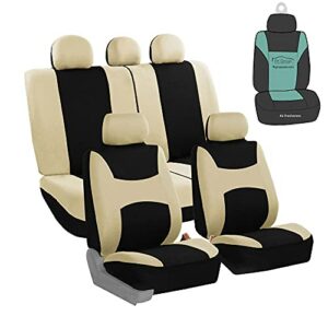 FH Group Car Seat Cover Full Set Light and Breezy Beige and Black Car Seat Covers with Front Seat Covers and Rear Split Bench Car Seat Cover Universal Fit Interior Accessories for Cars Trucks and SUVs