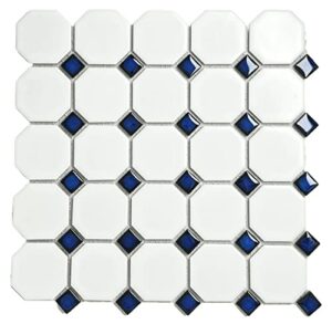 Octagon Porcelain Mosaic Floor and Wall Tile Matte White with Glossy Cobalt Blue Dots Designed in Italy (Box of 5 sq. ft.)
