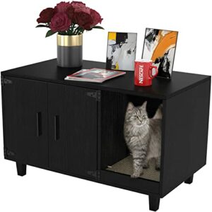 GDLF Modern Wood Pet Crate Cat Washroom Hidden Litter Box Enclosure Furniture House as Table Nightstand with Scratch Pad,Stackable (Black)