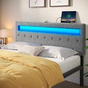 GREENSTELL Headboard for Queen Size Bed with 20 Colors of LED Light & USB Post, Attach Frame, Height Adjustable, Gray Wall Mounted Head Boards Only, Durable, Comfortable, Upholstered for Bedroom
