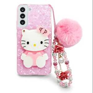 Redecarie for Galaxy A32 5G 3D Cute Cartoon Cat Mirror Case Rabbit Fur Ball Kawaii Pink Bow Soft Silicone Rubber Women Girls Kids Bling Glitter Protective Phone Case for Samsung Galaxy A32 5G