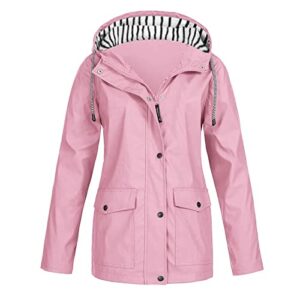 Coat for Women Winter Solid Rain Jacket Outdoor Plus Waterproof Hooded Raincoat Windproof Pink