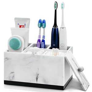VITVITI Toothbrush Holders for Bathrooms, Bathroom Countertop Organizer for Vanity/Sink/Cotton Swab, 5 Slots Tooth Brush/Toothpaste Holder Storage, Marble Look Lid Bathroom Accessories, White Resin