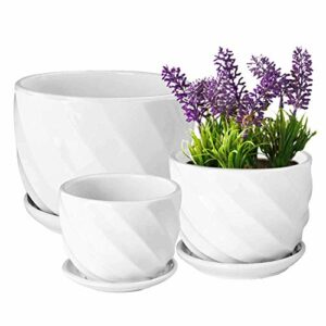 Set of 3 Ceramic Plant Pot - Flower Plant Pots Indoor with Saucers,Small to Medium Sized Round Modern Ceramic Garden Flower Pots (White)