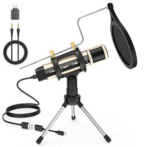 ZealSound Microphone,USB&3.5mm Mic W/Lightning Type-C Adapter for i-Phone Computer phone,Condenser Microphone with Echo Volume,Tripod Stand,Pop Filter,for ASMR Video Recording Streaming Discord Twitch