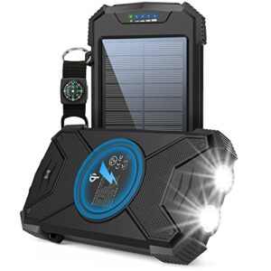 BLAVOR Solar Power Bank, Qi Wireless Charger 10,000mAh External Battery Pack Solar Charger Type C Input Output Dual Super Bright Flashlight, Compass Carabiner, Solar Panel Charging (Black)