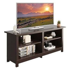 JUMMICO Classic 4 Cubby TV Stand, Wood TV Stand for 65 Inch TV, Farmhouse Television Stands Media Console Cabinet Entertainment Center with Cable Management Holes for Living Room Bedroom (Brown)