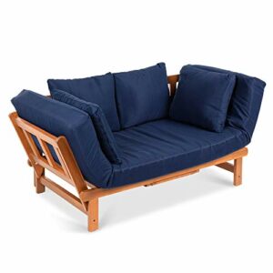 Best Choice Products Outdoor Convertible Acacia Wood Futon Sofa Furniture for Patio, Balcony, Poolside, Backyard w/Pullout Tray, Removable Weather-Resistant Cushion & 4 Pillows - Navy Blue