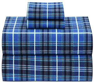 RUVANTI 100% Cotton 4 Pcs Flannel Sheets Queen Size, Deep Pocket, Warm, Super Soft, Breathable, Moisture Wicking Queen Sheets, Bed Sheets Include Flat, Fitted Sheet, 2 Pillowcase - Blue Plaid