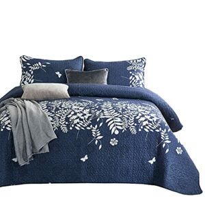 Wake In Cloud - Navy Blue Quilt Set, Gray Grey Floral Flowers Tree Leaves Modern Pattern Printed, Soft Microfiber Bedspread Coverlet Bedding (3pcs, King Size)