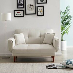 Convertible Futon Sofa Bed with 2 Pillows, Small Loveseat Sleeper Sofa Futon Couch, Recliner Couch with Adjustable Armrest and Wood Legs, Living Room Sofa with 5-angle Backrest for Small Space (Beige)