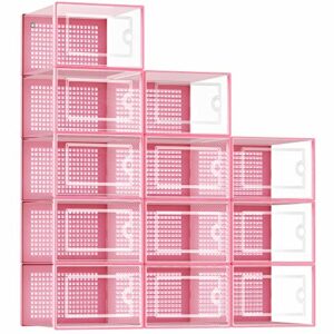 Pink Shoe Storage Boxes for Closet, Kuject Clear Plastic Stackable Shoe Organizer Storage Bins with Drawers & Lids, Clothes Under Bed Shoe Storage Containers For Entryway, Closet Floor, Drop Front, Cubby