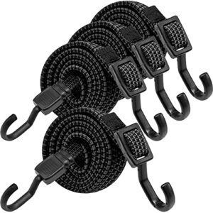 Bungee Cords with Hooks Heavy Duty, Flat Adjustable Bungee Cords with Hooks 40 Inch, Rubber Black Bungee Straps with Metal Buckle Hooks for Outdoor, Camping, Tarps, Bike Rack, Tent, Truck, 4 Pack