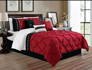 Grand Linen 5 Pieces Twin Size Burgundy Red/Black/White Double-Needle Stitch Pinch Pleat All-Season Bedding-Down Alternative Embroidered Comforter Set