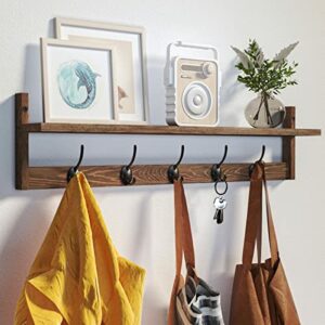 BAMEOS Wall Hooks with Shelf 28.9 Inch Length Entryway Wall Hanging Shelf Wood Coat Hooks for Wall with Shelf Wall-Mounted Coat Hook Rack with 5 Dual Hooks for Bathroom, Living Room, Bedroom (Brown )