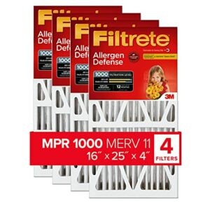 Filtrete 16x25x4 Furnace Air Filter MPR 1000 DP MERV 11, Allergen Defense Deep Pleat, 4-Pack, Fits Lennox & Honeywell Devices (exact dimensions 15.88 x 24.56 x 4.31)