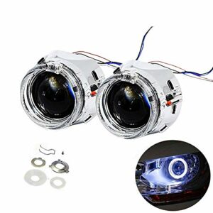 YUFANYA 2.5 Inch H1 Headlight 8.1 Ver Bixenon Projector Lens Hi/Lo Beam With White CREE LED Angel Eyes,Halo Rings DRL Function,Chrome Shrouds Mask, Fit H1 H4 H7 Car Motorcycle Headlight Retrofit