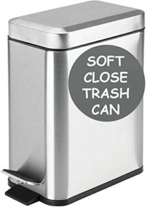 Soft Close, Rectangular Trash Can 5L with Anti - Bag Slip Liner and Lid, Use as Mini Garbage Basket, Slim Dust Bin, or Decor in Bathroom, Restroom, Kitchen, or Bedroom (Brushed Stainless Steel)