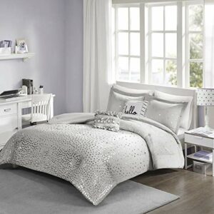 Intelligent Design Zoey Triangle Metallic Print, Cozy Comforter Set All Season Bedding Set, Matching Sham, Decorative Pillow, Full/Queen, Grey/Silver 5 Piece