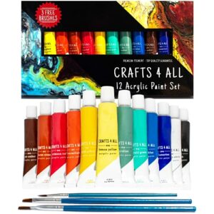 Crafts 4 All Acrylic Paint Set for Adults and Kids - 12 -Pack of 12mL Paints for Canvas, Wood & Ceramic w/ 3 Art Brushes - Non-Toxic Craft Paint Sets - Stocking Stuffers for Girls and Boys
