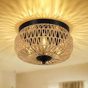 3-Lights Rattan Light Fixtures Ceiling Mount, Boho Farmhouse Woven Flush Mount Ceiling Light, Hand-Worked Cage Shade Rattan Ceiling Lights for Bedroom Kitchen Foyer Porch, Rustic Hallway Light Fixture