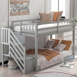 SOFTSEA Twin Over Twin Bunk Beds with Staircase and Storages for Teens, Low Bunk Beds for Kids Boys Girls, No Box Spring Required (Gray)