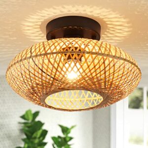 Boho Light Fixture Ceiling Mount Rattan Semi Flush Mount Ceiling Light,Hand Woven Bamboo Wicker Cage Lampshade,Farmhouse Close to Ceiling Light for Bedroom Kitchen Hallway Nursery Entryway