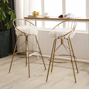 Aklaus 30 inch Swivel Gold Bar Stools Set of 2 Counter Height with Removable White Faux Fur,Gold Bar Stools with Backs,Non-Slip Rubber Caps and Legs 360゜ Swivel