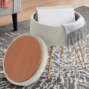 Ornavo Home Modern Round Velvet Storage Ottoman Foot Rest Vanity Stool/Seat with Gold Metal Legs & Tray Top Coffee Table - Cream