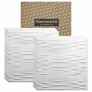 Genesis 2ft x 2ft White Drifts Ceiling Tiles - Easy Drop-in Installation – Waterproof, Washable and Fire-Rated - High-Grade PVC to Prevent Breakage - Package of 12 Tiles