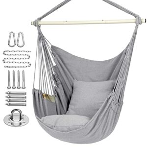 Y- STOP Hammock Chair Hanging Rope Swing, Max 500 Lbs, 2 Seat Cushions Included, Quality Cotton Weave for Superior Comfort, Durability with Hardware Kit(Light Grey)