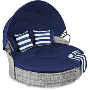 Best Choice Products 5-Piece Modular Patio Wicker Daybed Sectional Conversation Lounger Set w/ 2-in-1 Setup, Adjustable Seats, Clips, Retractable Canopy, Cover, Weather-Resistant Cushions - Navy