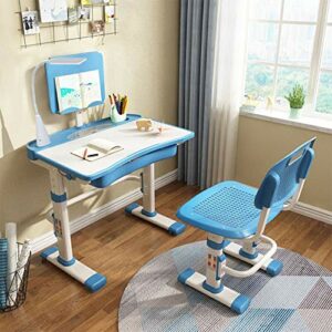 LVYUAN Height Adjustable Children's Desk and Chair Set, Spacious Storage Drawer, with Adjustable Tilted Desktop, Bookstand, Touch Led Lamp for School Students, Kids Interactive Workstation