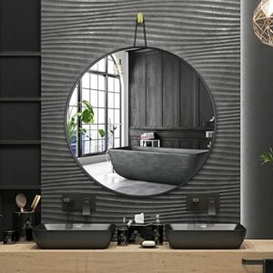 Black-Round-Mirror, 24-inch-Circle-Mirror, Circle-Mirrors-for-Wall, Wall-Mounted-Circular-Mirror, Metal-Framed-Vanity-Mirror for Bathroom, Black Round Wall Mirror for Entryways, Living Room