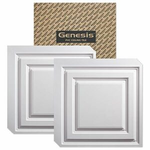 Genesis 2ft x 2ft White Icon Relief Ceiling Tiles - Easy Drop-in Installation – Waterproof, Washable and Fire-Rated - High-Grade PVC to Prevent Breakage - Package of 12 Tiles