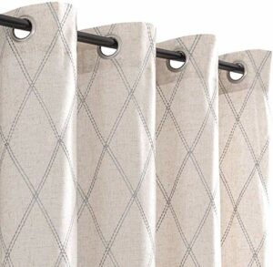 jinchan Linen Curtains for Living Room Grey Diamond Embroidered Curtains Geometric Patterned Window Drapes Flax Window Treatment Set for Bedroom Grommet Curtains 84 Inches Long 2 Panels