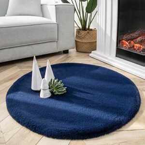 Ashler HOME DECO Ultra Soft FauxRabbit Fur Chair Couch Cover Area Rug for Bedroom Floor Sofa Living Room Dark Blue- 3 x 3 Feet Round